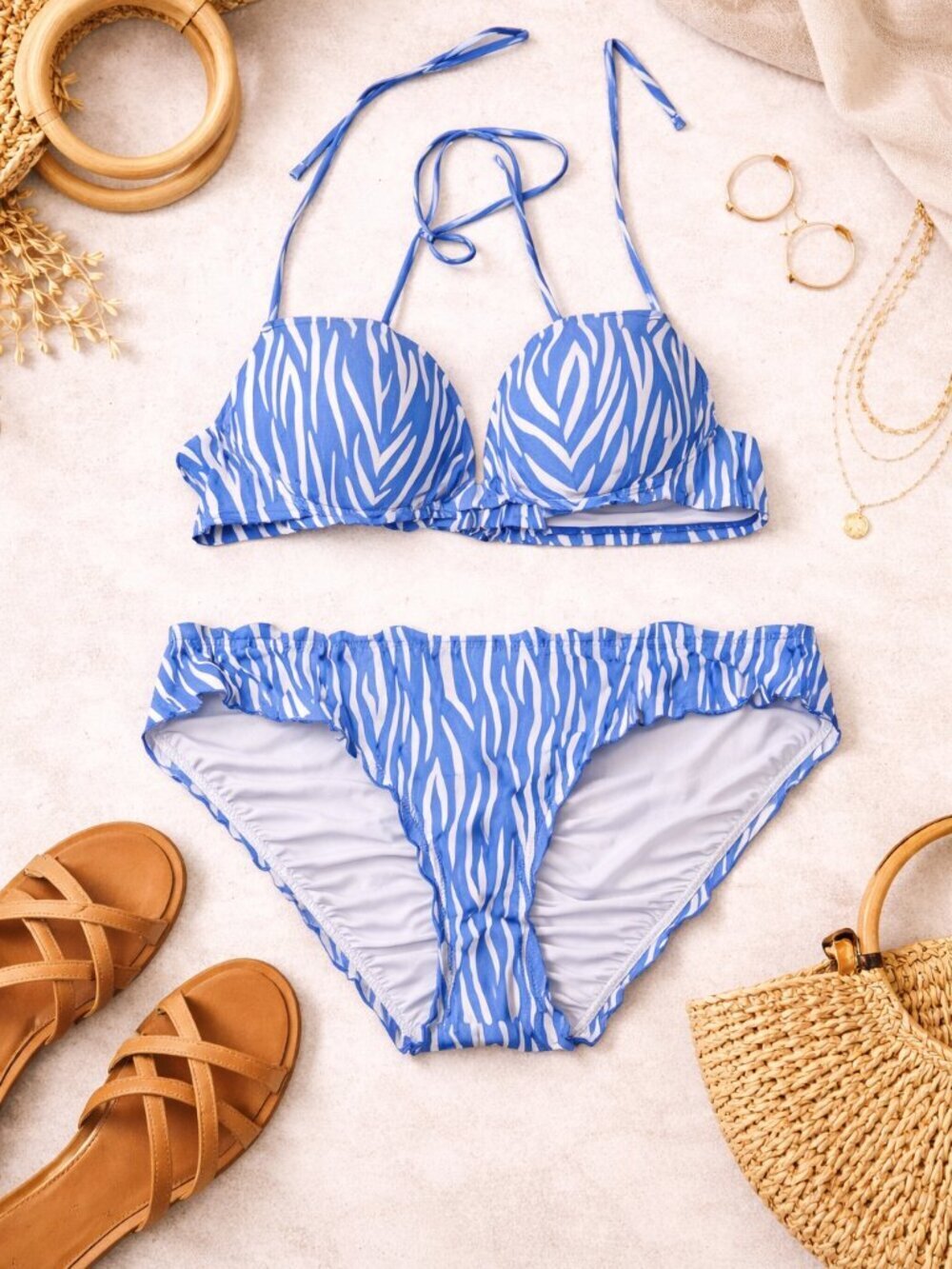 BCBG Paris Blue Zebra Print Bikini Set Ruffle Trim Size M